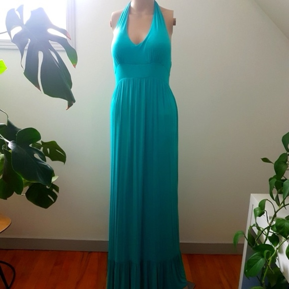 Guilty Vintage Y2K Halter Style Soft Stretchy Flowy Maxi Dress Teal Green Sz S